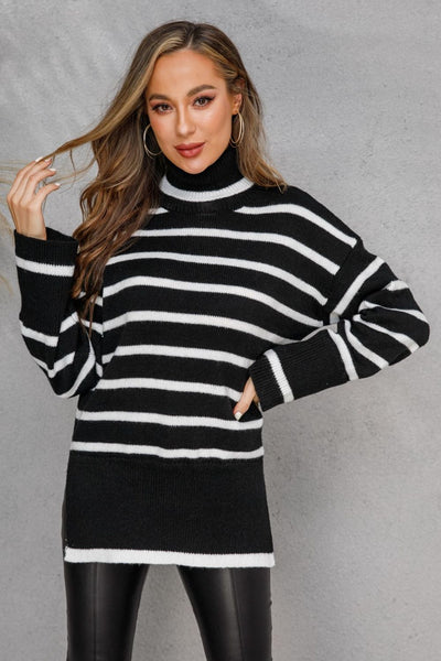 Striped Side Slit Turtleneck Sweater