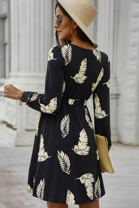 Printed Buttoned Long Sleeve Slit Dress