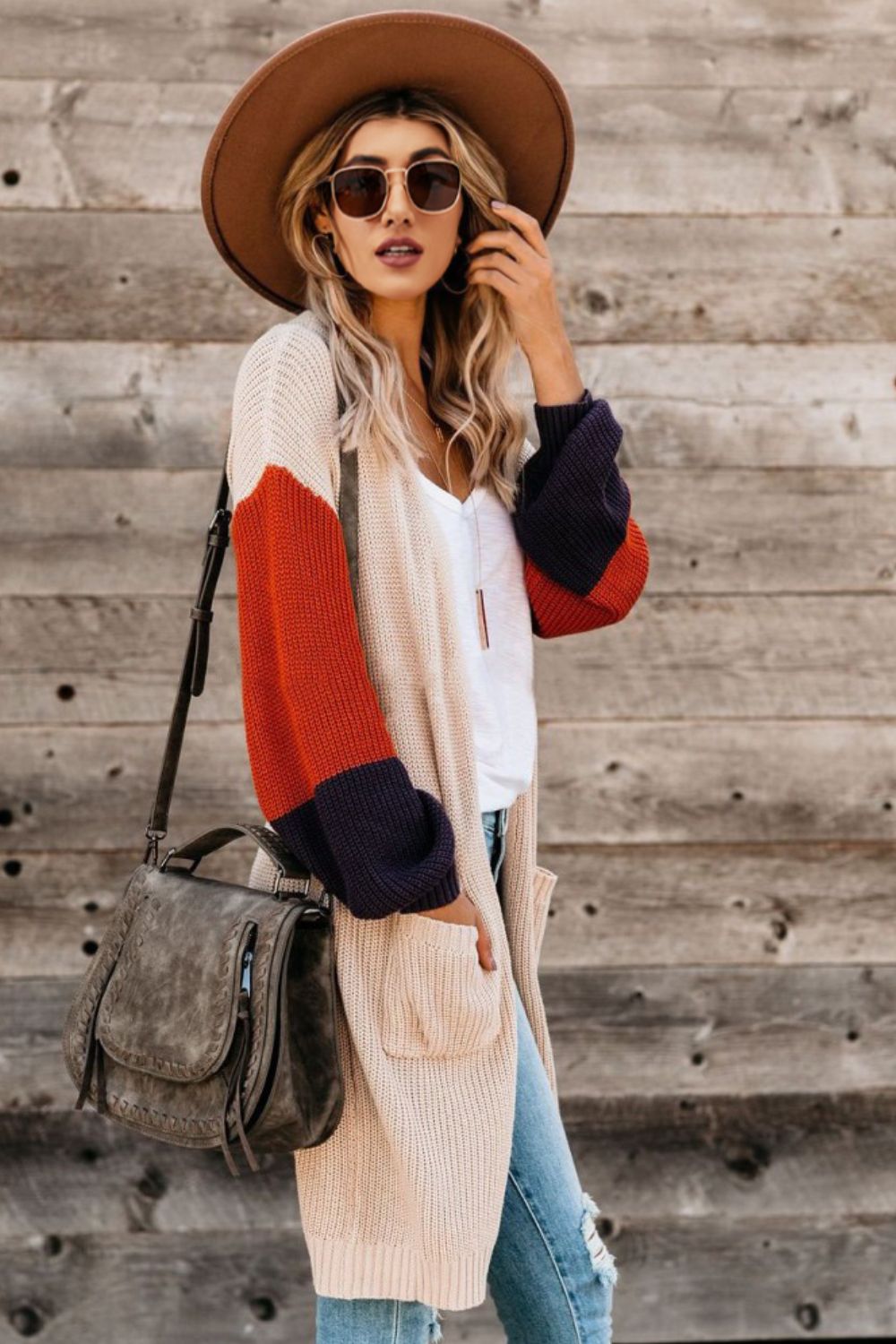 Color Block Rib-Knit Open Front Duster Cardigan
