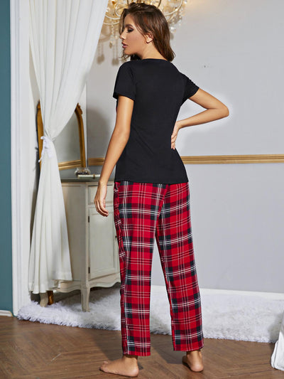 Plaid Heart Graphic Short Sleeve Top and Pants Lounge Set
