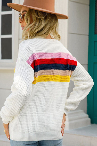 Striped Round Neck Rib-Knit Dropped Shoulder Sweater