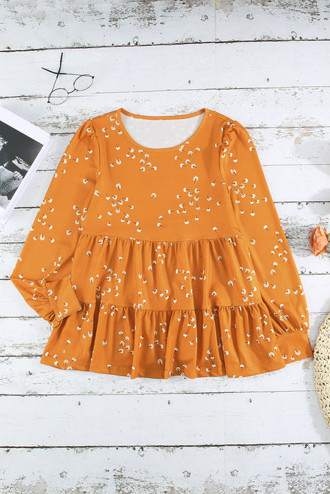 Floral Puff Sleeve Round Neck Babydoll Top