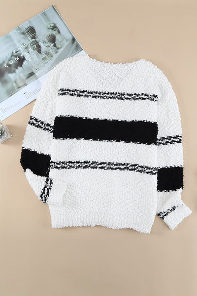 Striped V-Neck Popcorn Knit Sweater