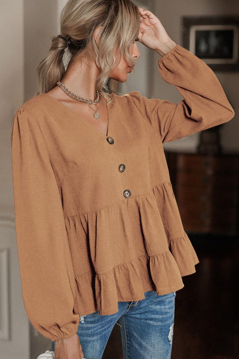 Buttoned V-Neck Puff Sleeve Tiered Blouse