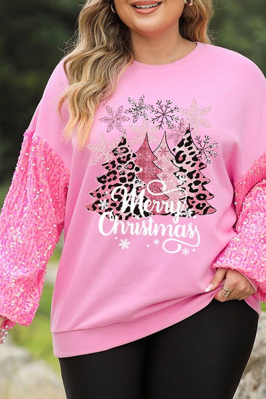 Pink Casual Round Neck Sequin Sleeve Graphic Sweatshirt