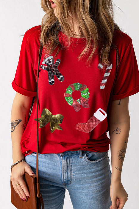 Red Christmas Pattern Sequin Crew Neck Graphic Tee