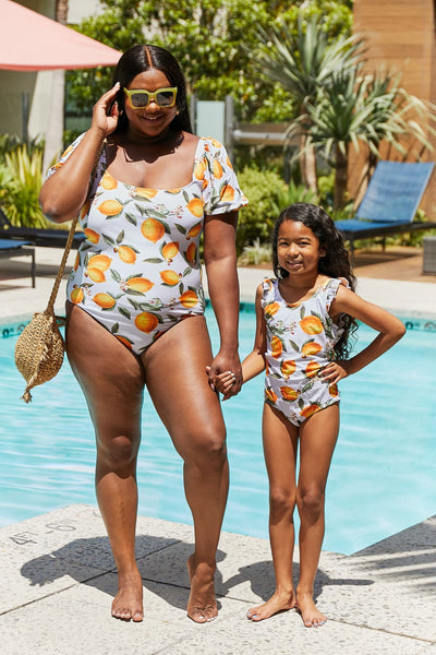 Marina West Swim Salty Air Mommy & Me Puff Sleeve One-Piece in Citrus Orange