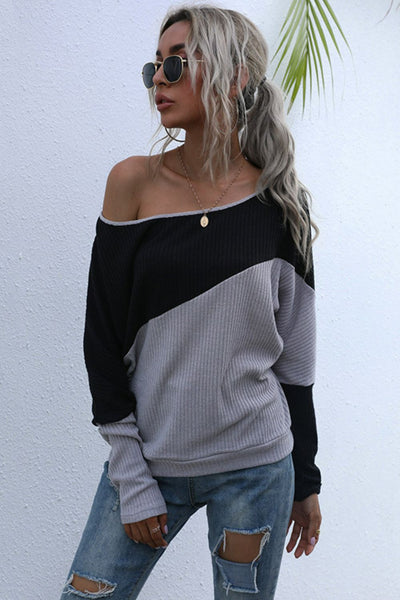 Two-Tone Off-Shoulder Rib-Knit Top