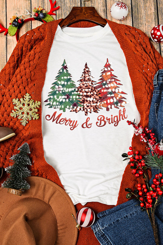 White Merry and Bright Christmas Tree Print Graphic T Shirt