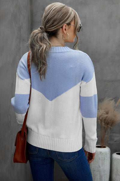 Chevron Color Block V-Neck Dropped Shoulder Sweater
