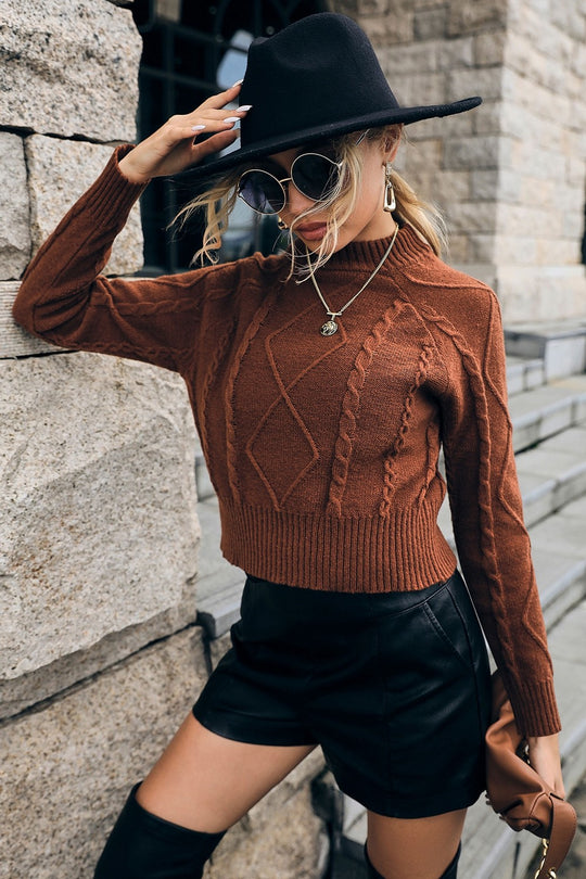 Cable-Knit Mock Neck Raglan Sleeve Sweater