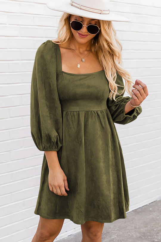 Green Washed Square Neck High Waist Flared Short Dress