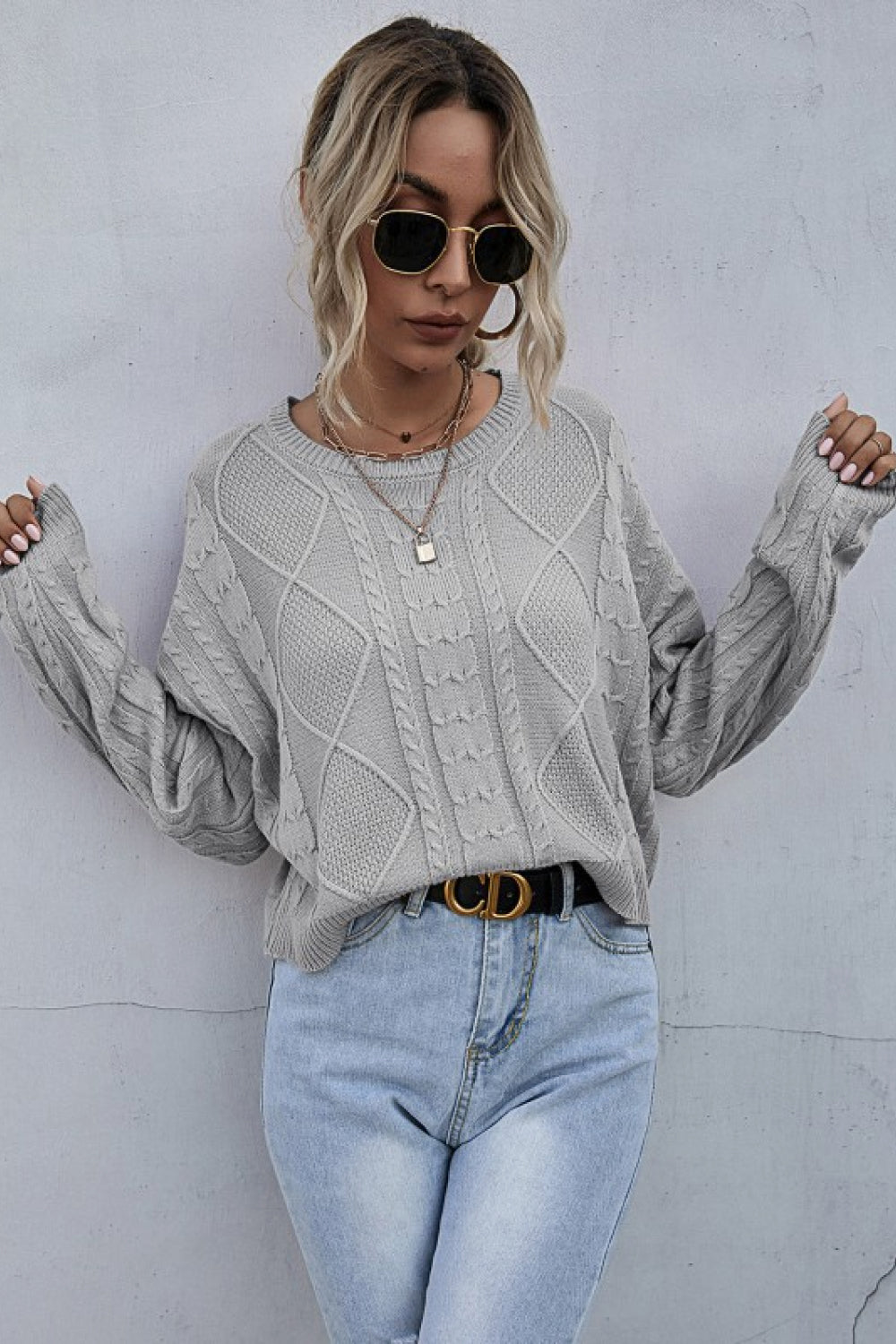 Cable-Knit Dropped Shoulder Cropped Sweater