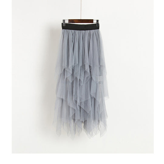 Spring Autumn Irregular Asymmetric Bottom Stitching Puffy Mesh Skirt High Waist Mesh Skirt Fairy  Tide Skirt