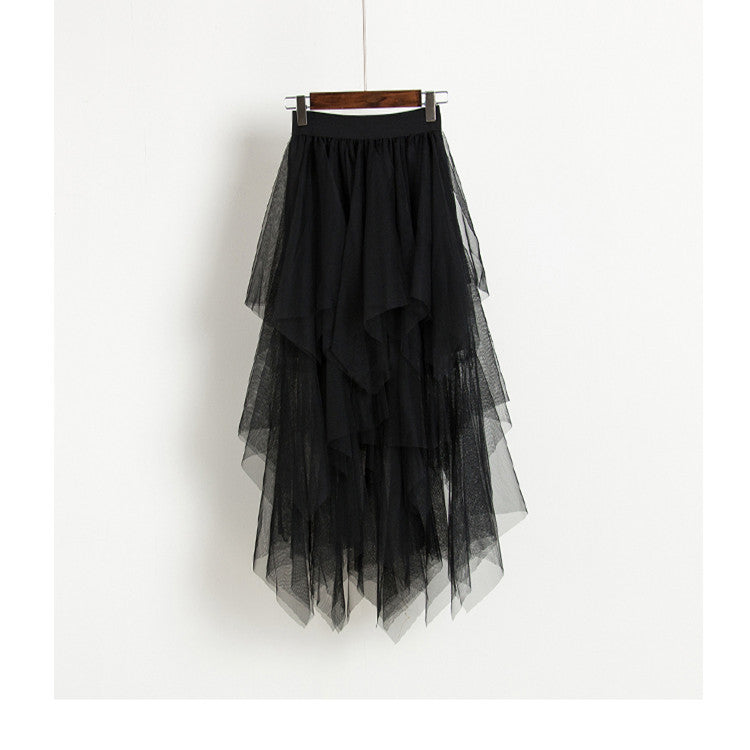 Spring Autumn Irregular Asymmetric Bottom Stitching Puffy Mesh Skirt High Waist Mesh Skirt Fairy  Tide Skirt