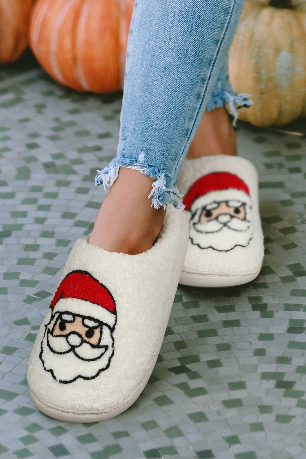White Christmas Santa Claus Graphic Plush Slippers