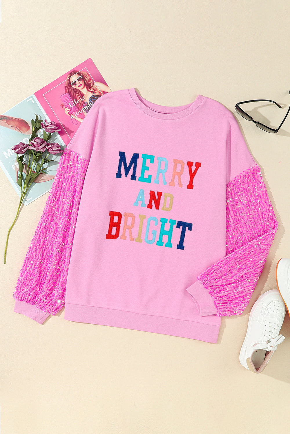 Pink MERRY AND BRIGHT Sequin Sleeve Graphic Sweatshirt