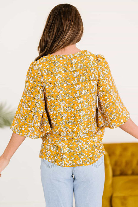 Printed Button Front Flare Sleeve Blouse