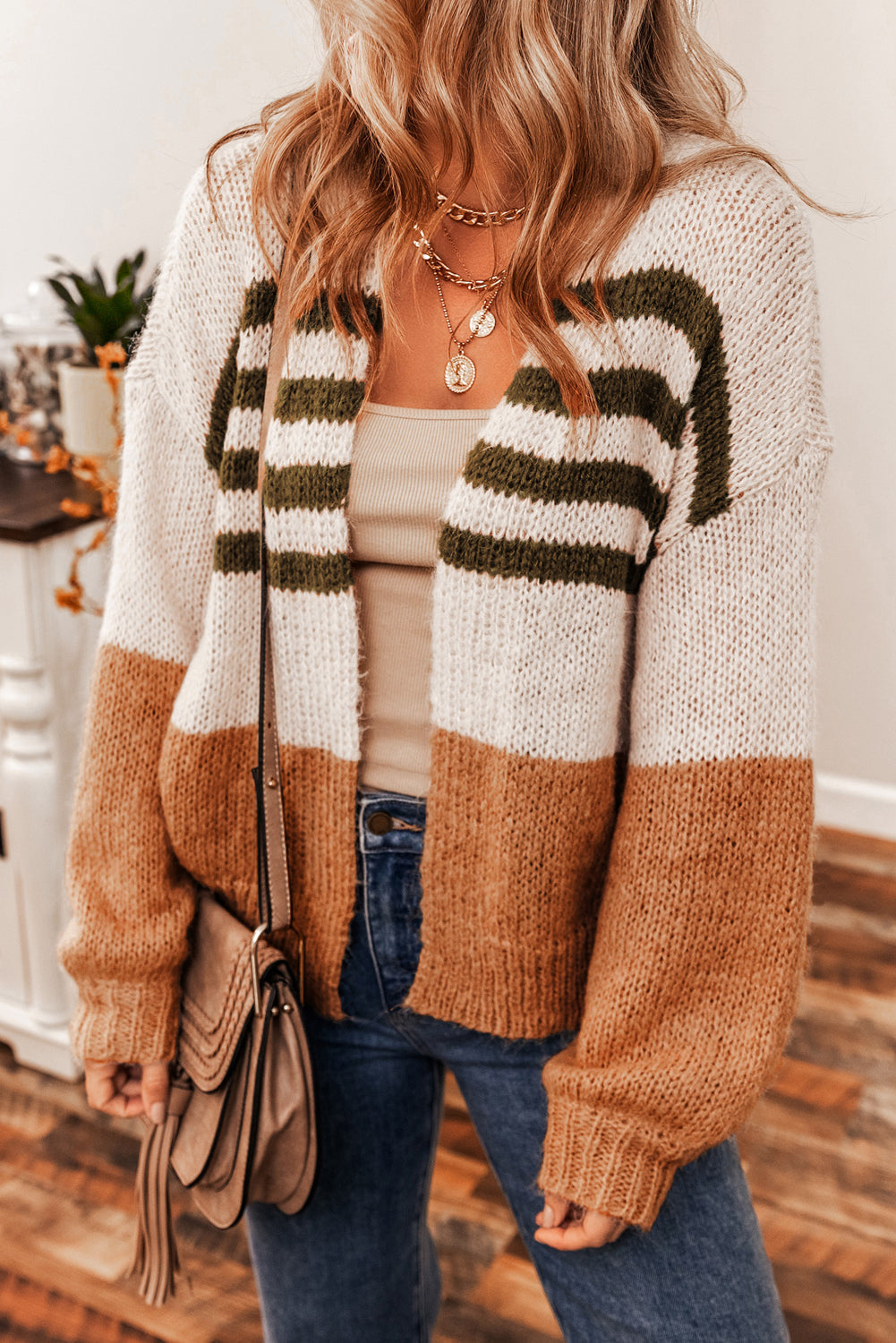Camel Colorblock Striped Open Front Cardigan