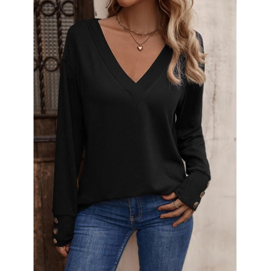 Women's V-neck loose long-sleeved T-shirt button top