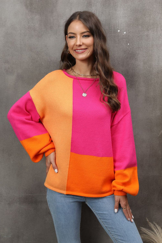 Color Block Round Neck Drop Shoulder Sweater