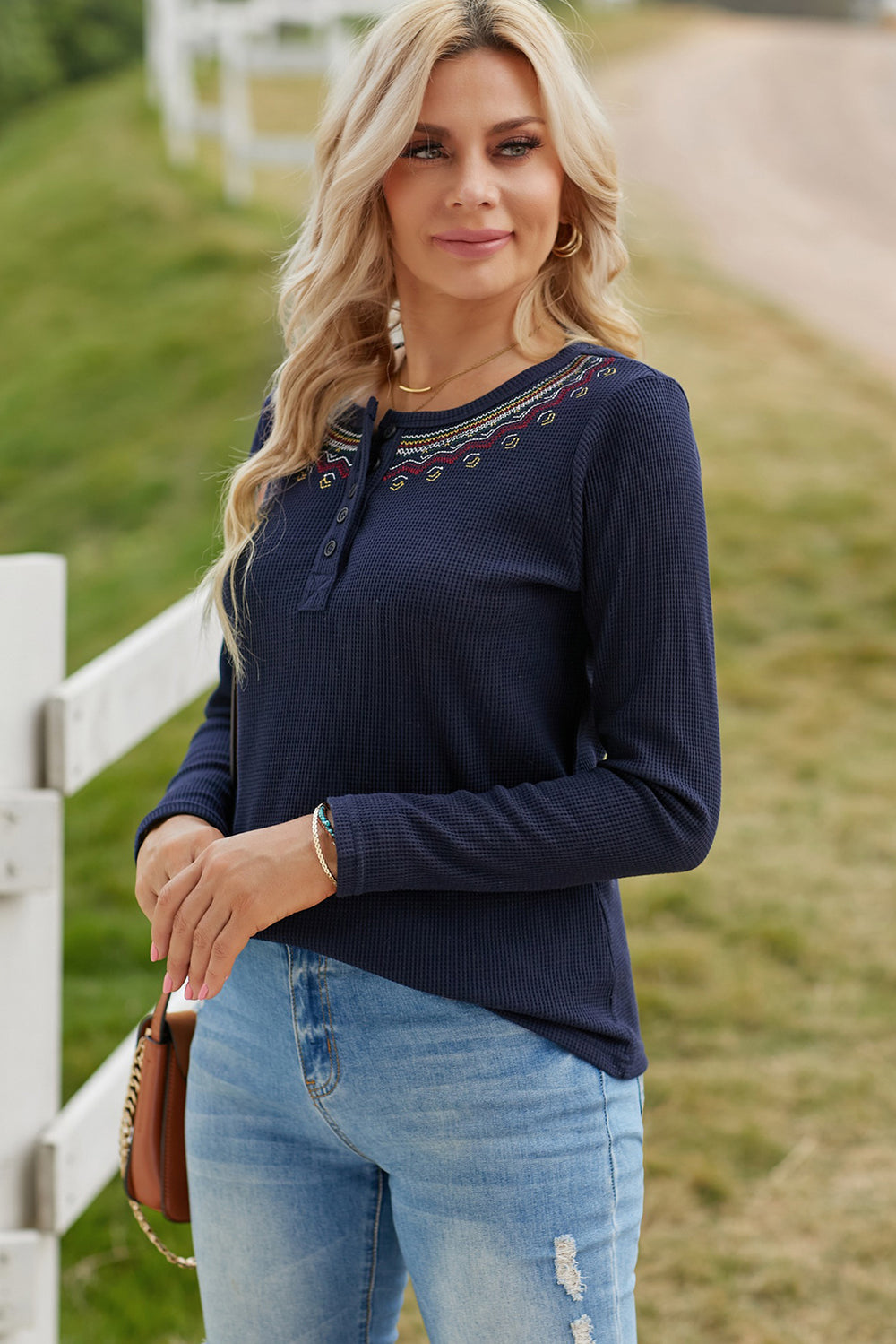 Embroidered Waffle-Knit Long Sleeve Henley Top