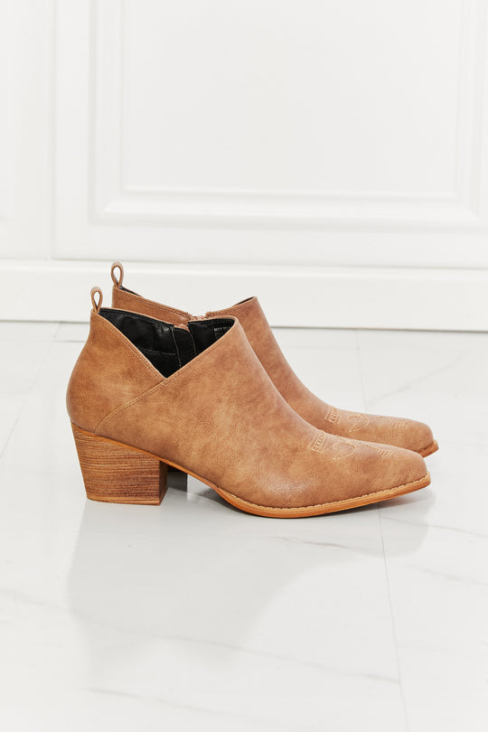 MMShoes Trust Yourself Embroidered Crossover Cowboy Bootie in Caramel - BEAUTY COSMOTICS SHOP