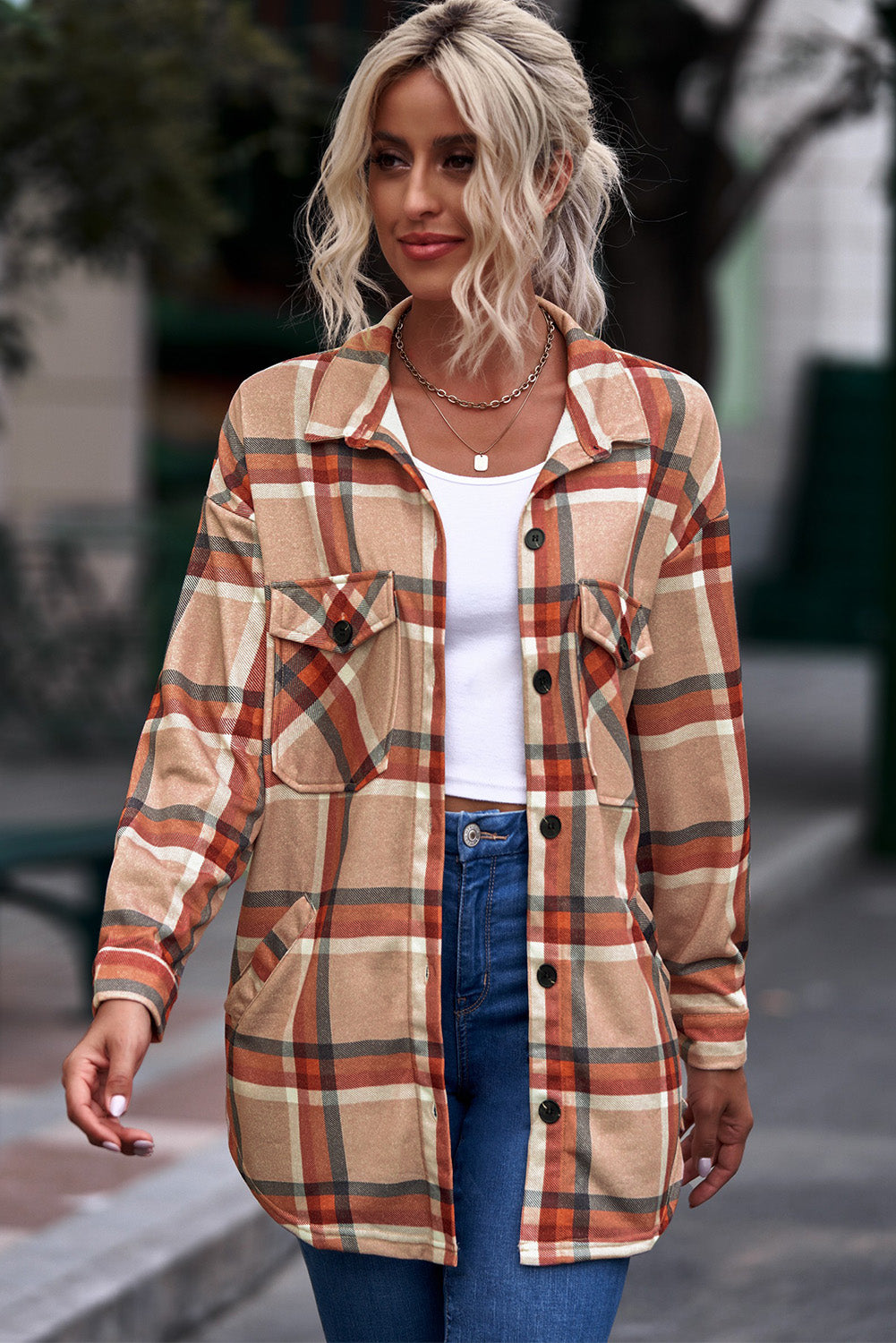 Plaid Button-Up Shacket with Breast Pockets
