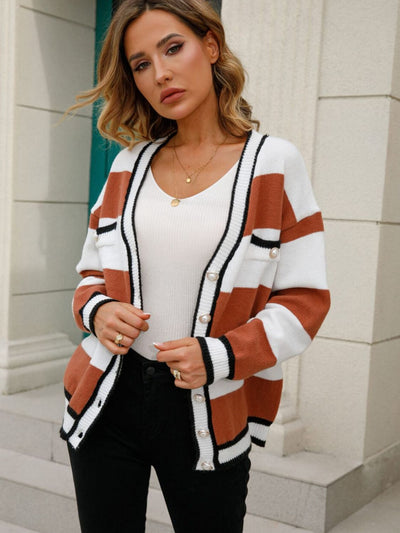 Striped Contrast Button-Up Cardigan