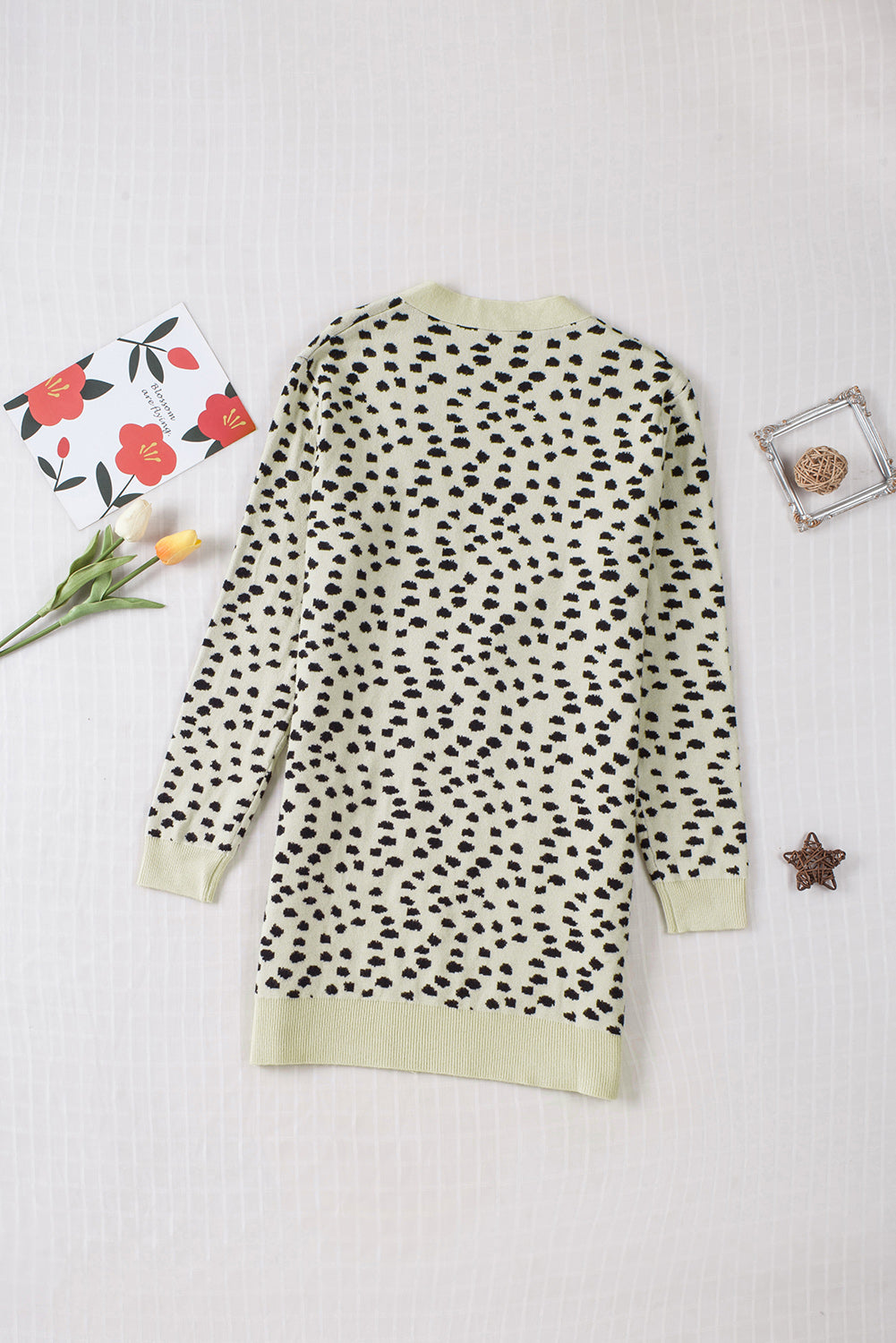 Apricot Dotted Print Open Front Knit Cardigan