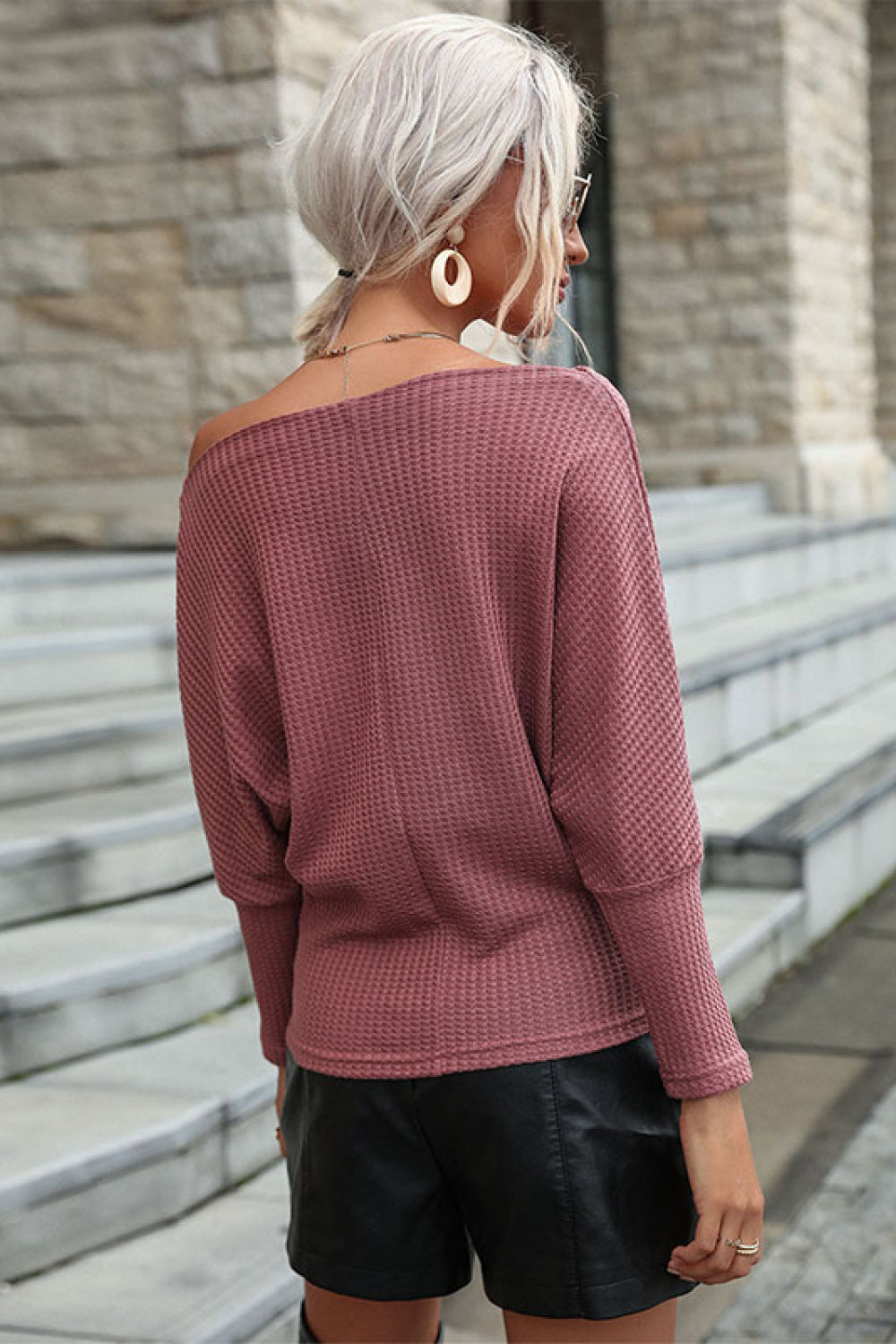 Boat Neck Waffle Knit Top