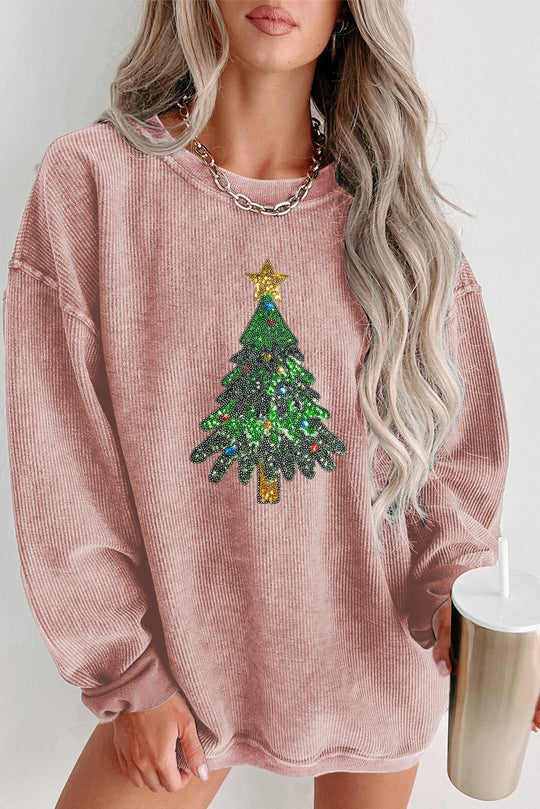 Pink Sequin Christmas Tree Oversized Graphic Sweatshirt