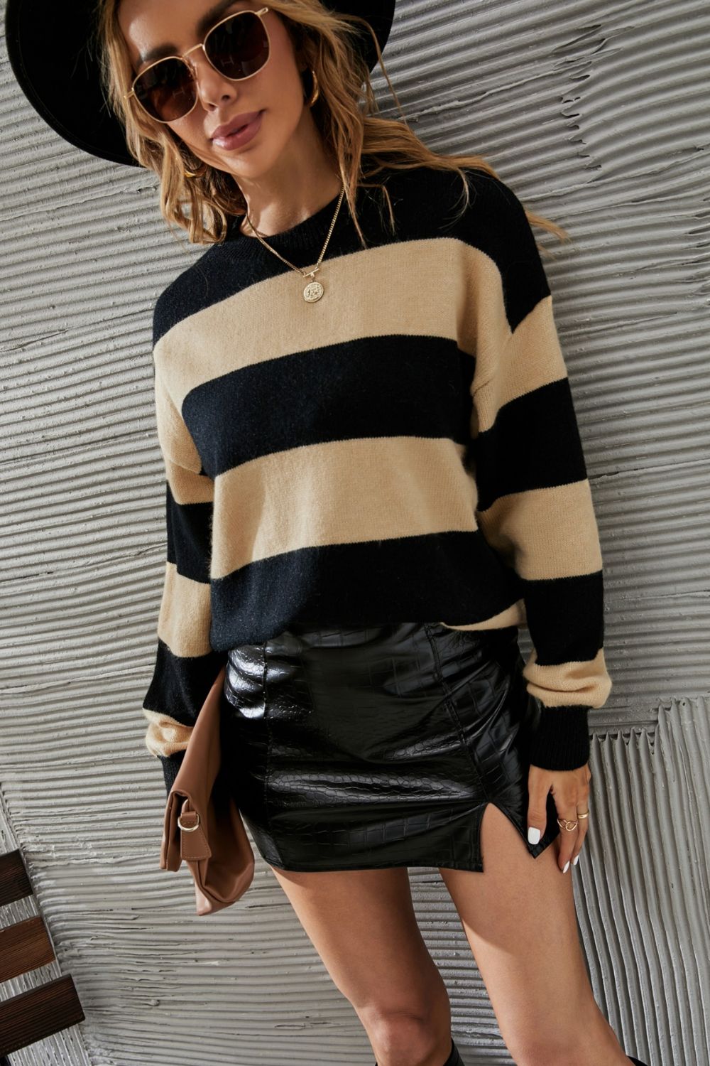 Two-Tone Striped Dropped Shoulder Sweater