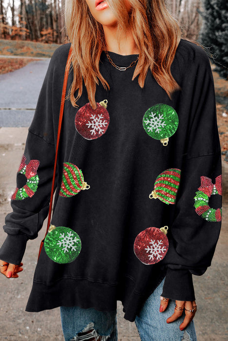 Black Sequined Christmas Graphic Split Sweatshirt
