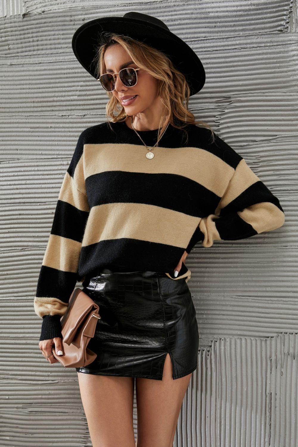 Two-Tone Striped Dropped Shoulder Sweater