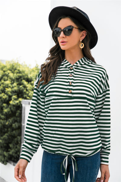 Striped Half-Button Dropped Shoulder Hoodie