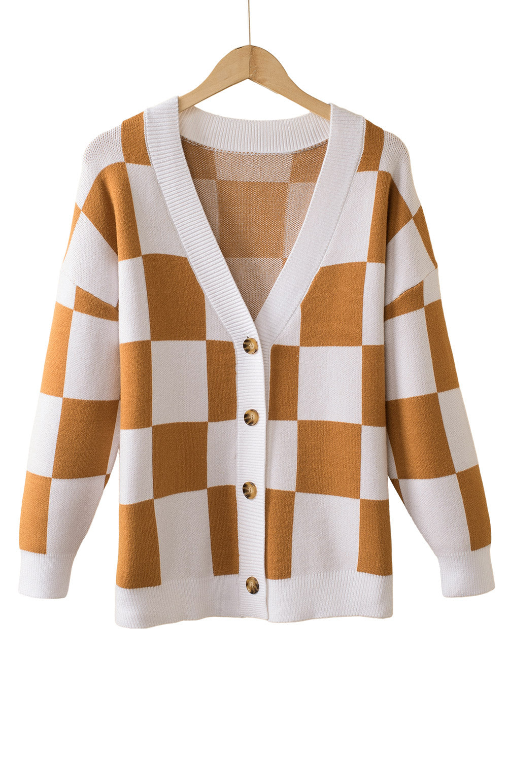 Brown Colorblock Plaid Ribbed Knit Button Up Cardigan