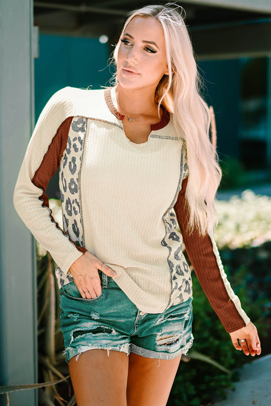 Leopard Color Block Waffle-Knit Notched Top