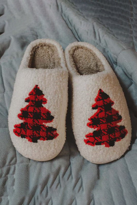 White Fuzzy Tree Pattern Christmas Fashion Home Slippers
