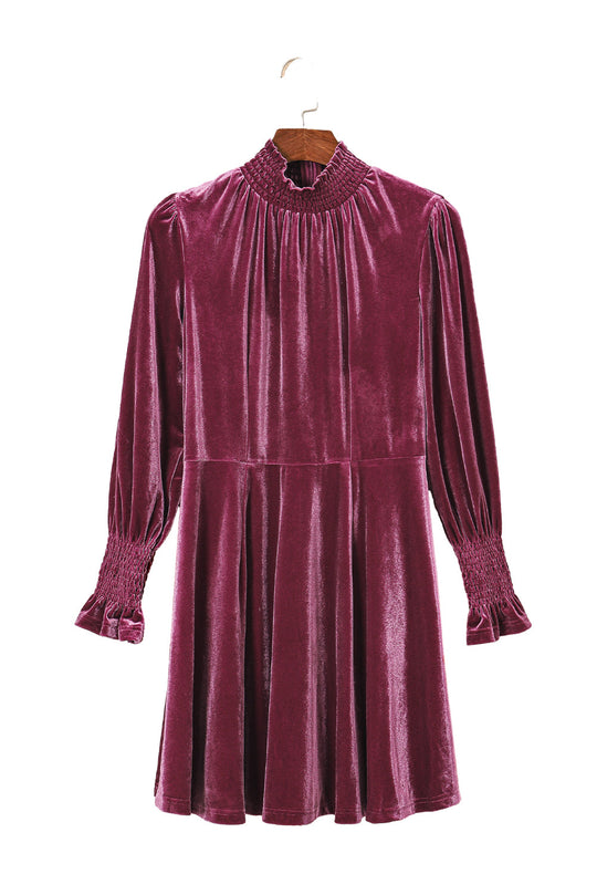 Burgundy Smocked High Neck Flounce Sleeve Velvet Dress