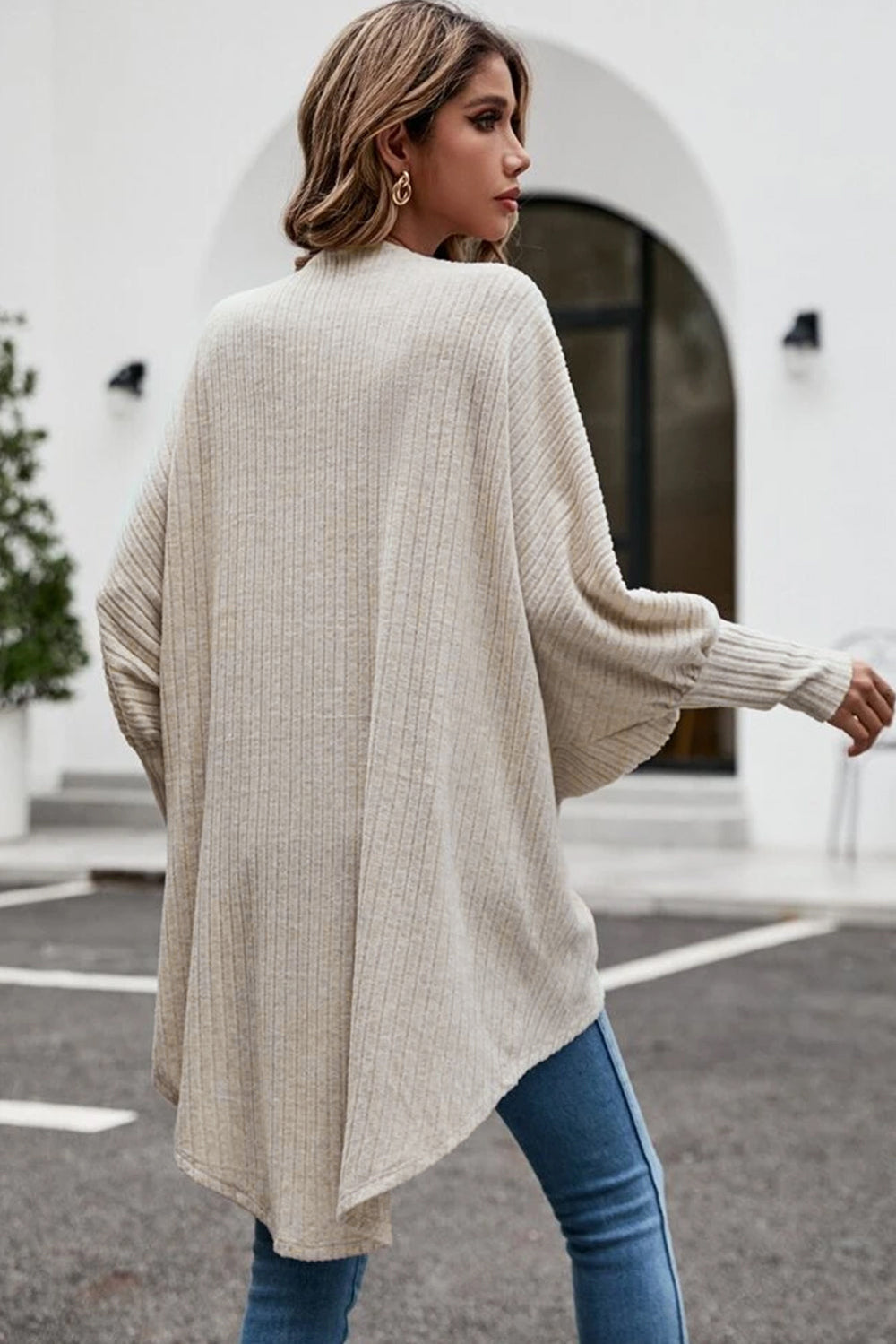 Parchment Batwing Sleeve Ribbed Knit Oversized Cardigan