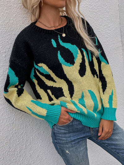 Printed Round Neck Ribbed Trim Knitted Sweater