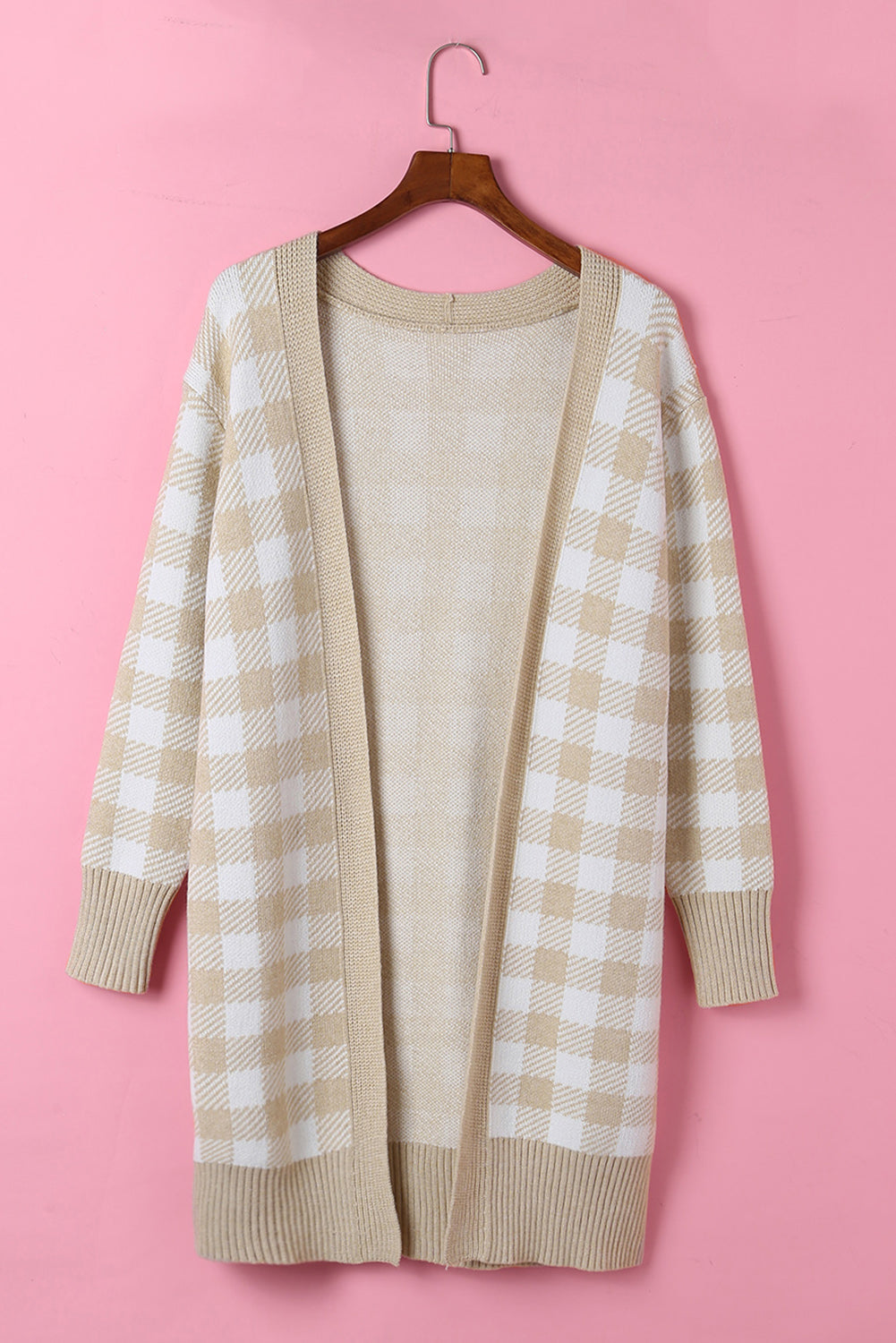 Plaid Ribbed Trim Open Front Cardigan
