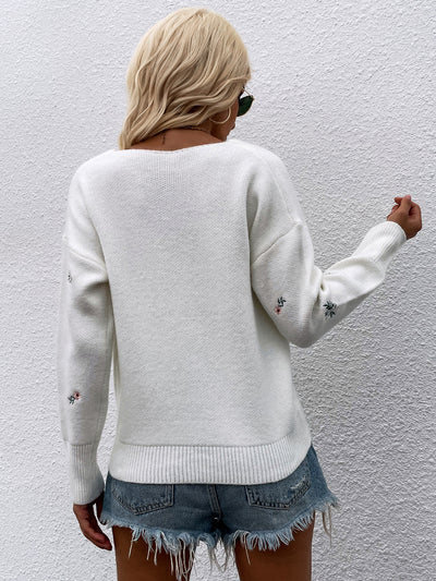 Floral Embroidery V-Neck Sweater