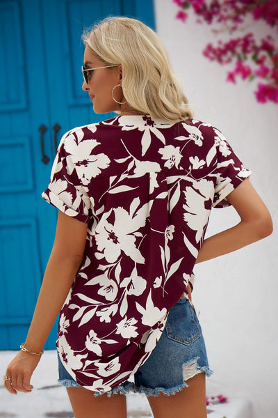 Floral Notched Neck Cuffed Blouse
