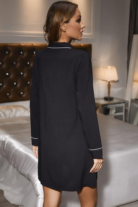 Contrast Piping Half Button Long Sleeve Dress