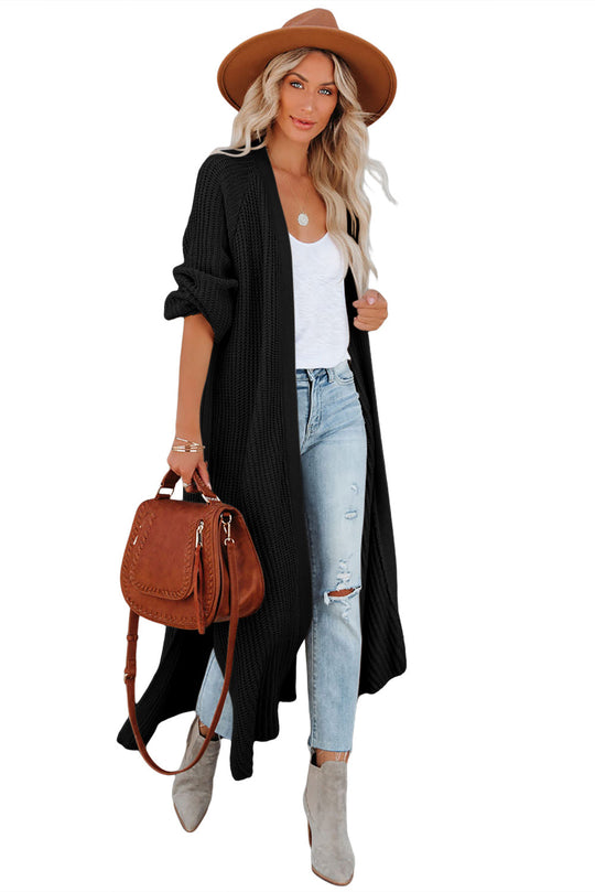 Black Cable Knit Side Slits Open Front Duster Cardigan