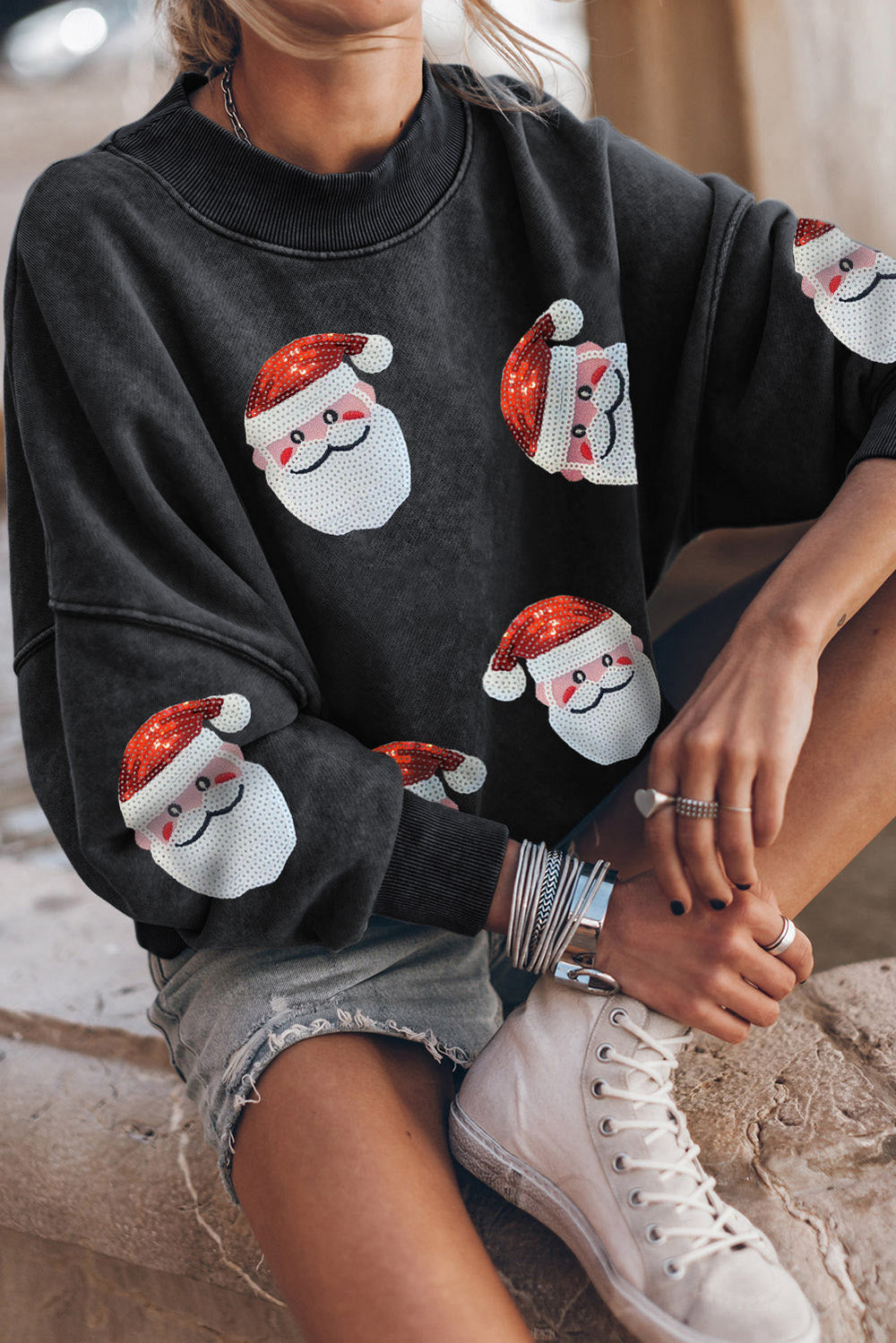 Black Washed Graphic Sequins Santa Claus Christmas Sweatshirt