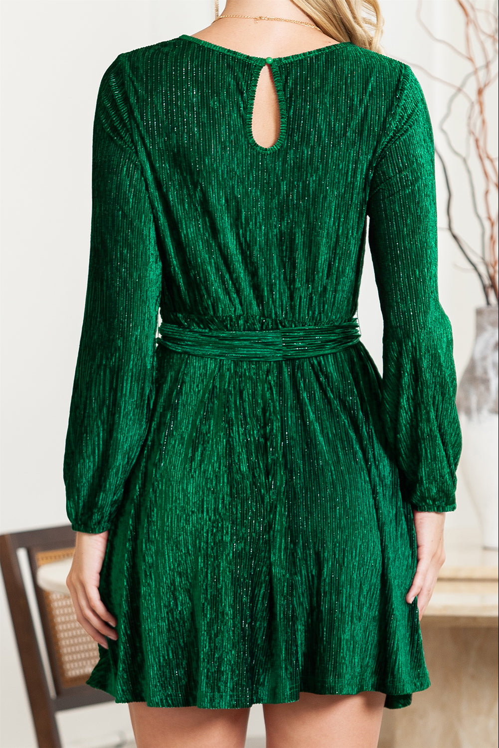 Green Crinkle Velvet Tie Waist Puff Sleeve Mini Dress