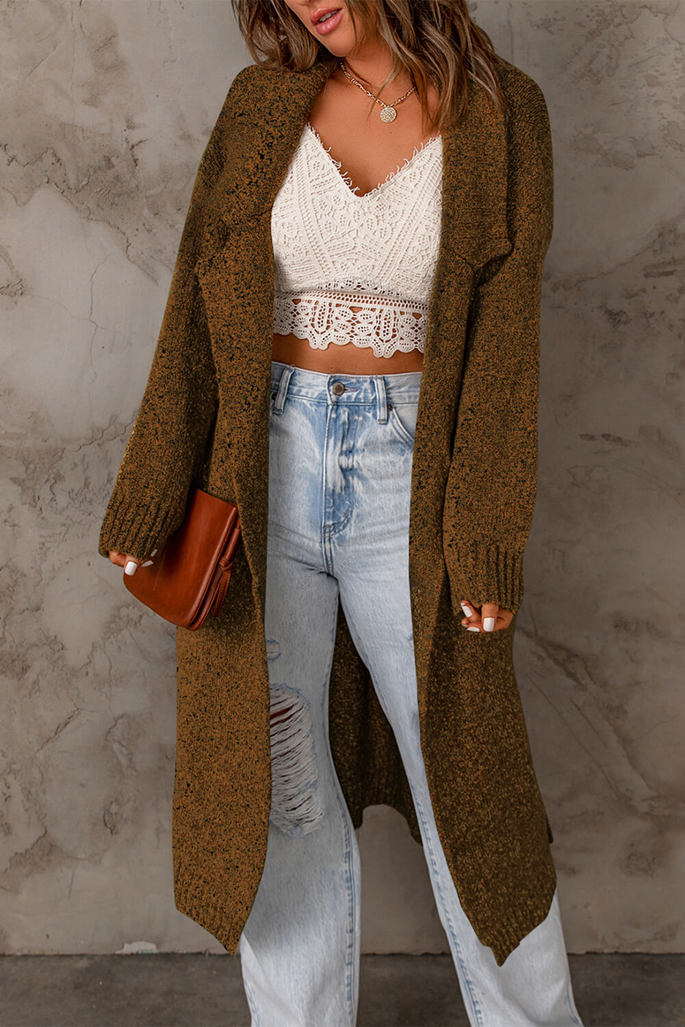 Ribbed Trim Belted Duster Sweater Cardigan